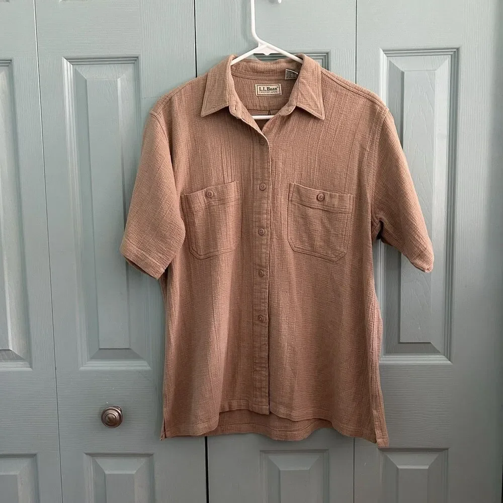 L.L. Bean Womens Twill Button Up Collared Shirt‎ Large Short Sleeve Tan